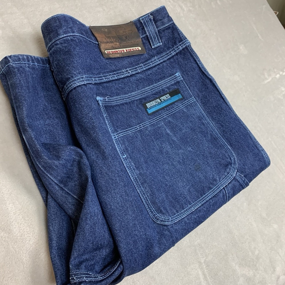 VTG Brooklyn Express Jean Shorts Mens 44 Blue Jorts Baggy Wide Carpenter Hip Hop